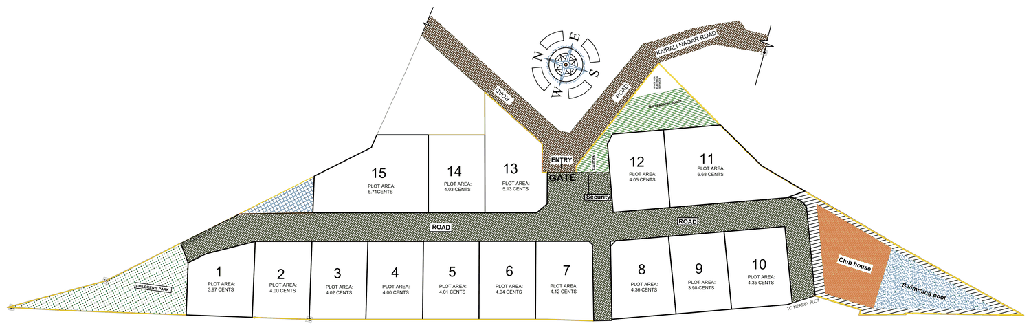 Site layout of Fairview Villas showing fifteen numbered plots with areas in cents, the gate and security cabin off Kairali Nagar Road, internal roads, children's park to the west and club house with swimming pool to the east