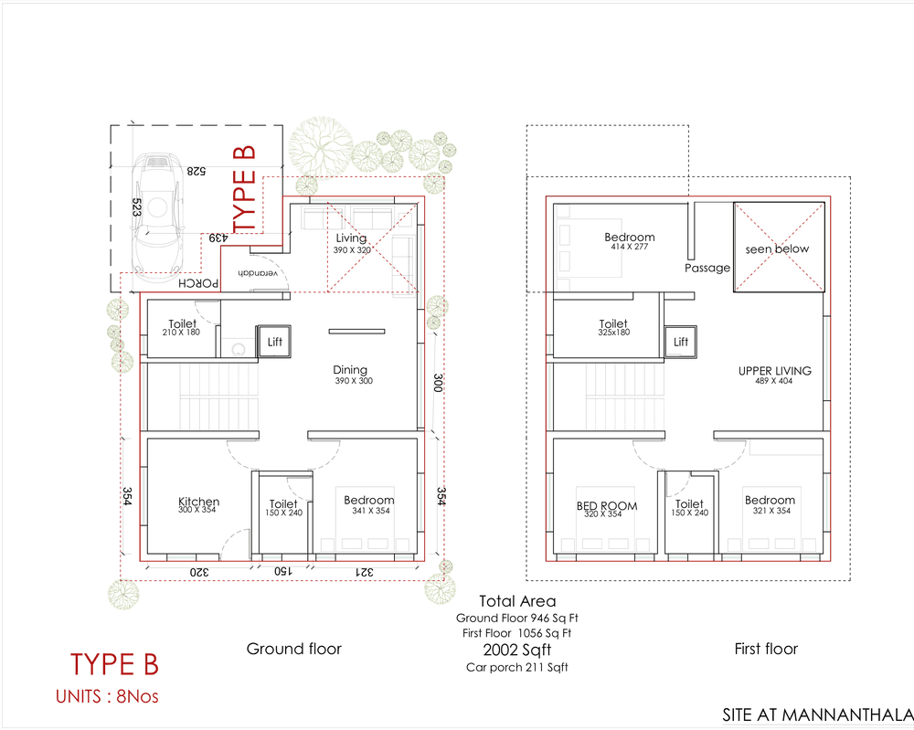 Type B floor plan: ground floor with double-height living, dining, kitchen and one bedroom; first floor with three bedrooms and an upper living