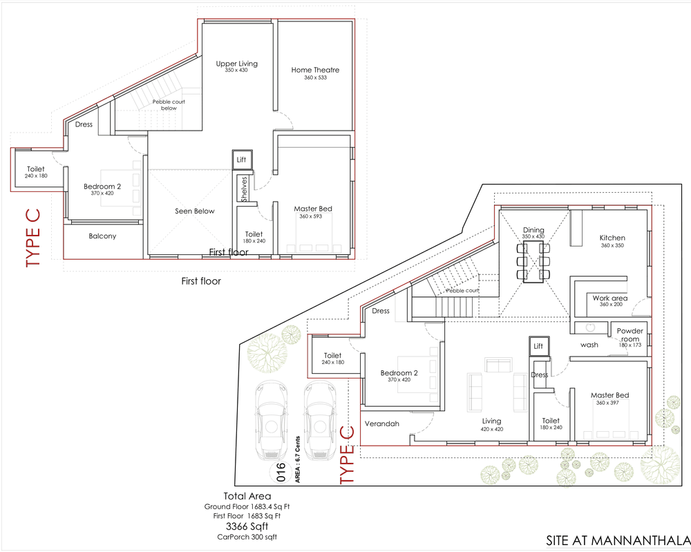Type C floor plan: ground floor with master bedroom, second bedroom, living, dining, kitchen, work area, pebble court and two-car porch; first floor with master, second bedroom, home theatre and balcony