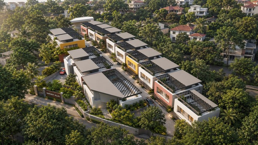Aerial view of the fifteen villas at sunset with the entrance signage visible