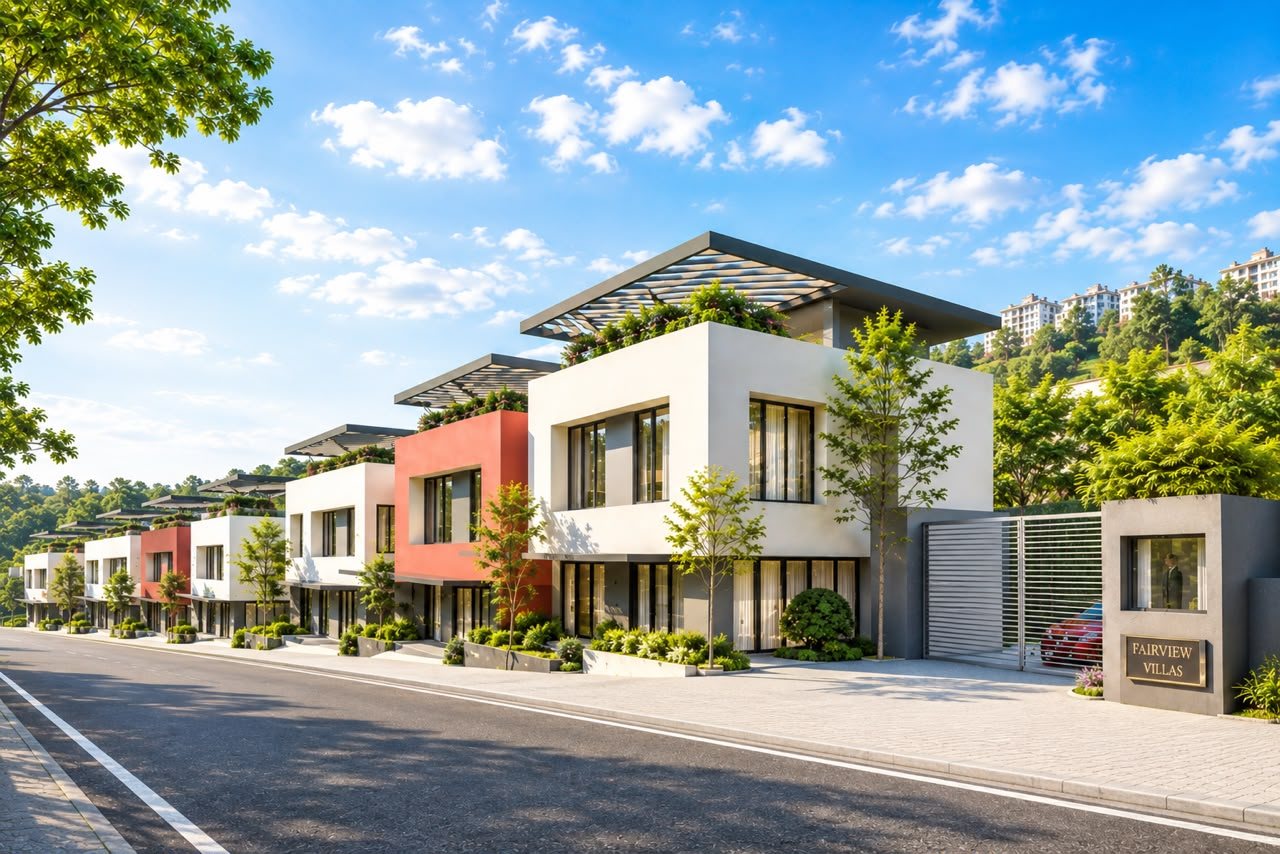 Fairview Villas entrance gate and streetscape seen from the approach road