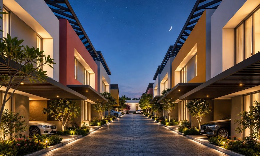 The internal street at night with warm façade lighting and a crescent moon